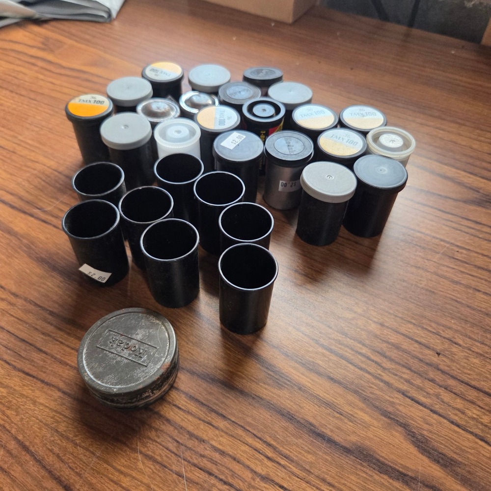 Vintage Kodak 35mm Film Canister Lot with Metal Tin TMX 100 Darkroom Storage